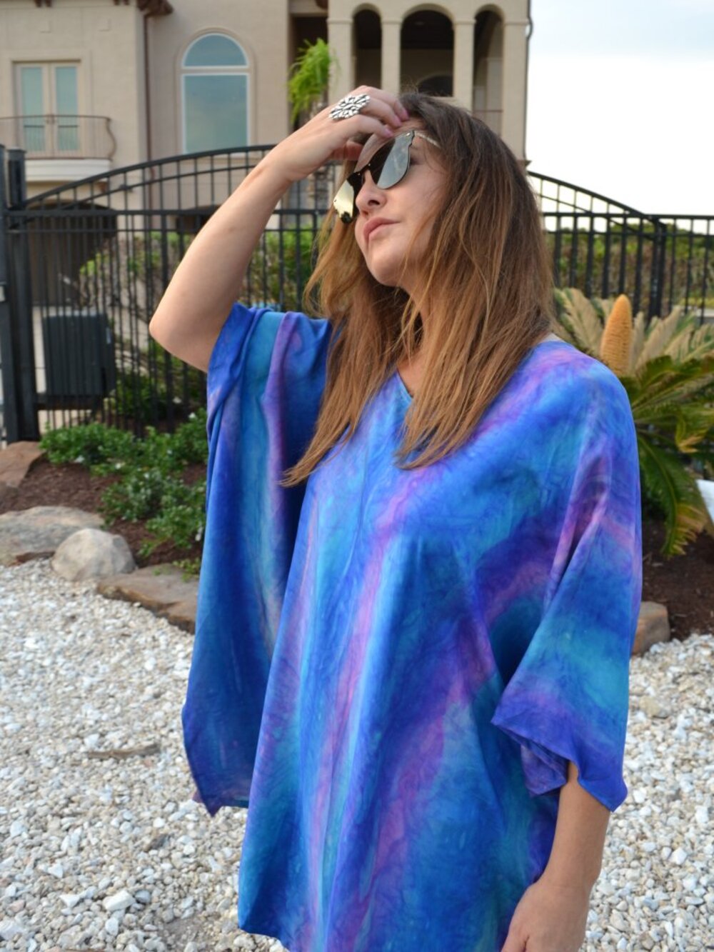 NEW Silk Caftan Kaftan coverup resortwear beach blue purple painted stripes XL